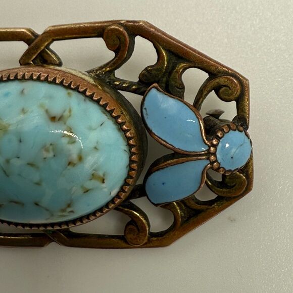 Turquoise brass brooch vintage source unknown - Picture 5 of 13